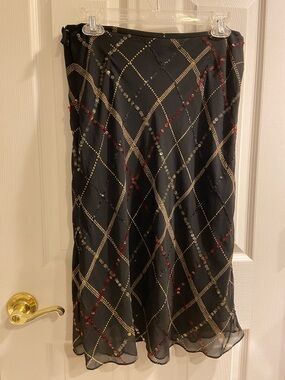 Vintage Silk Casual Corner Black Midi Skirt with Gold & Red Sequin Grid EUC